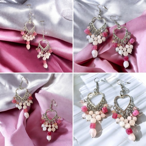 Rose Quartz and Crystals Heart Shaped Silver Toned Chandelier Earrings - Picture 16 of 17